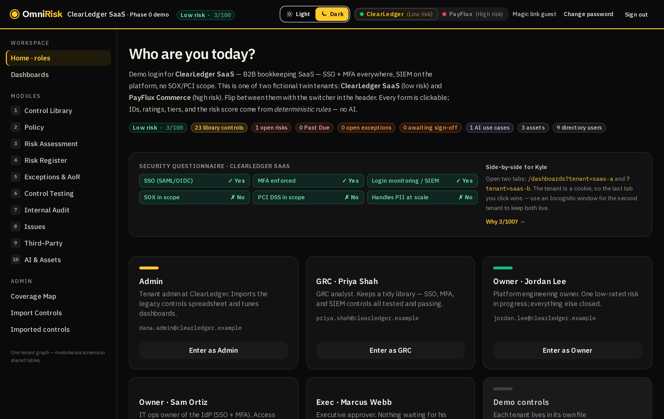 OmniRisk demo home — persona picker and ClearLedger tenant risk posture