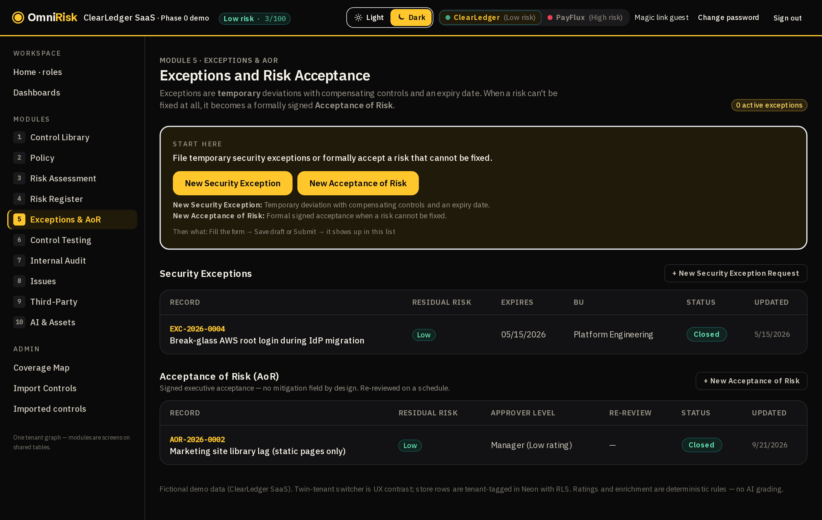 Exceptions register